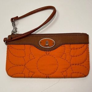 Fossil Vibrant Orange and Brown Wristlet Bag Cute Shopping Key•Per